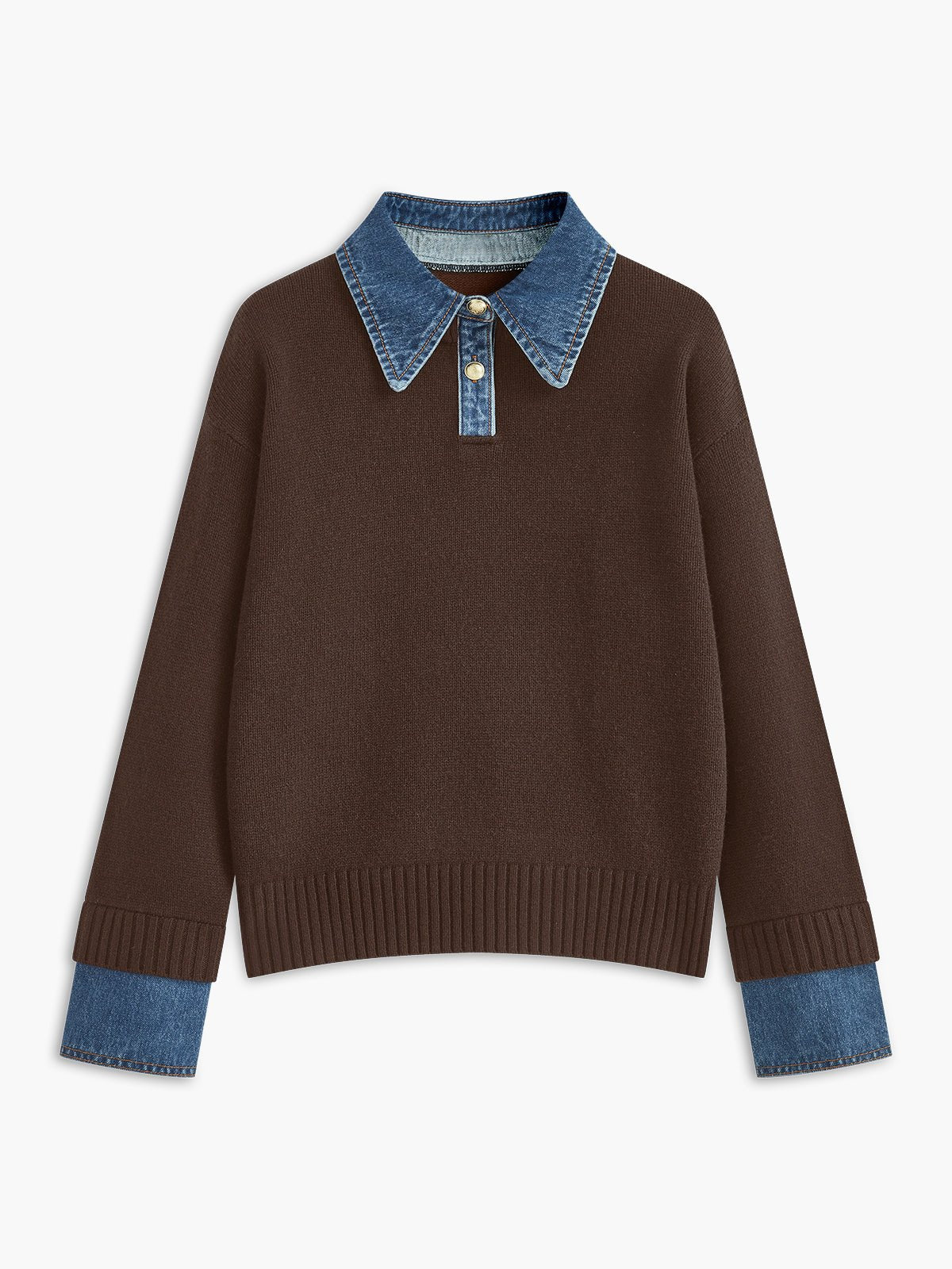 Denim Collar Button Placket Knit Polo Sweater