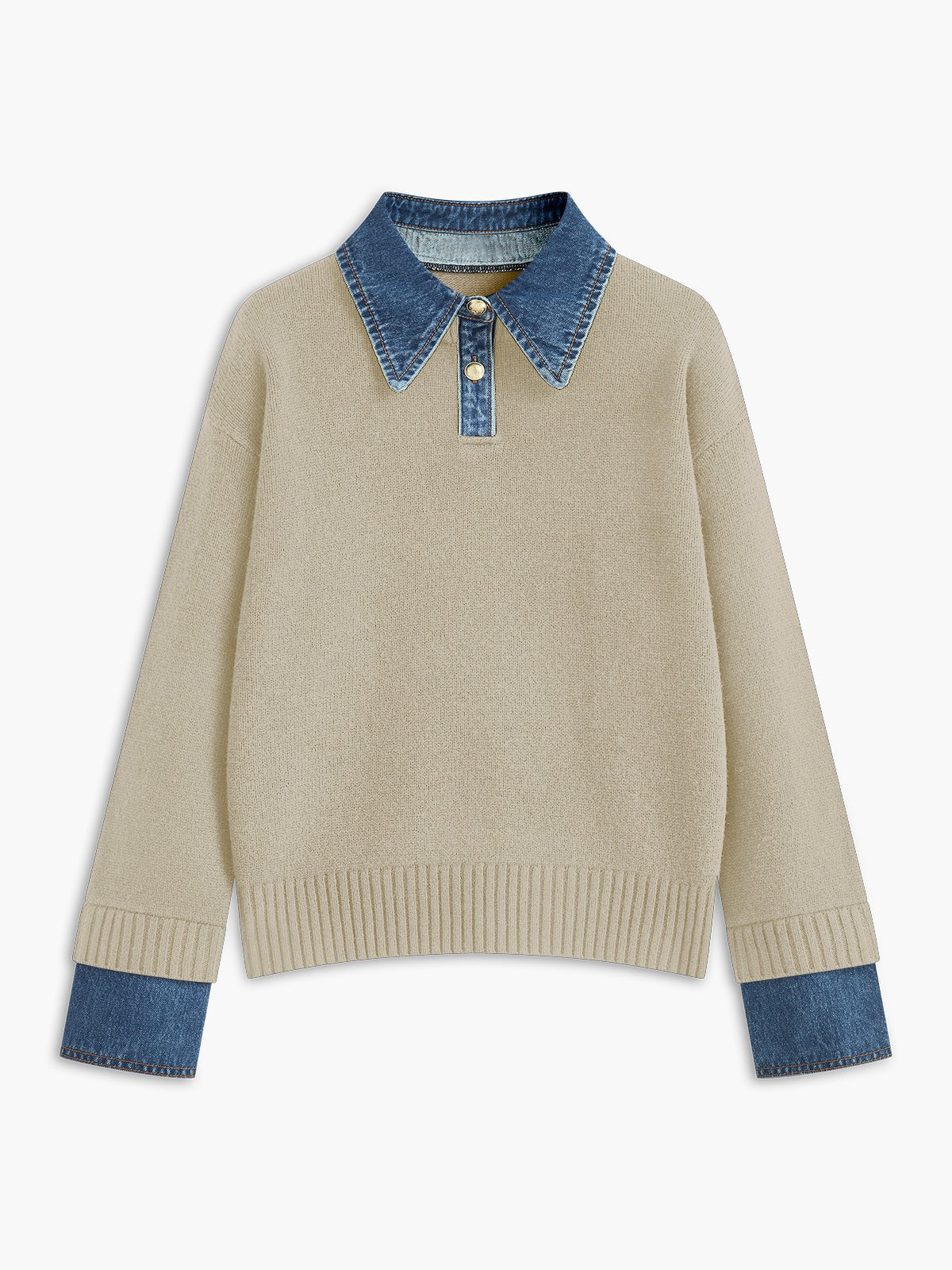 Denim Collar Button Placket Knit Polo Sweater
