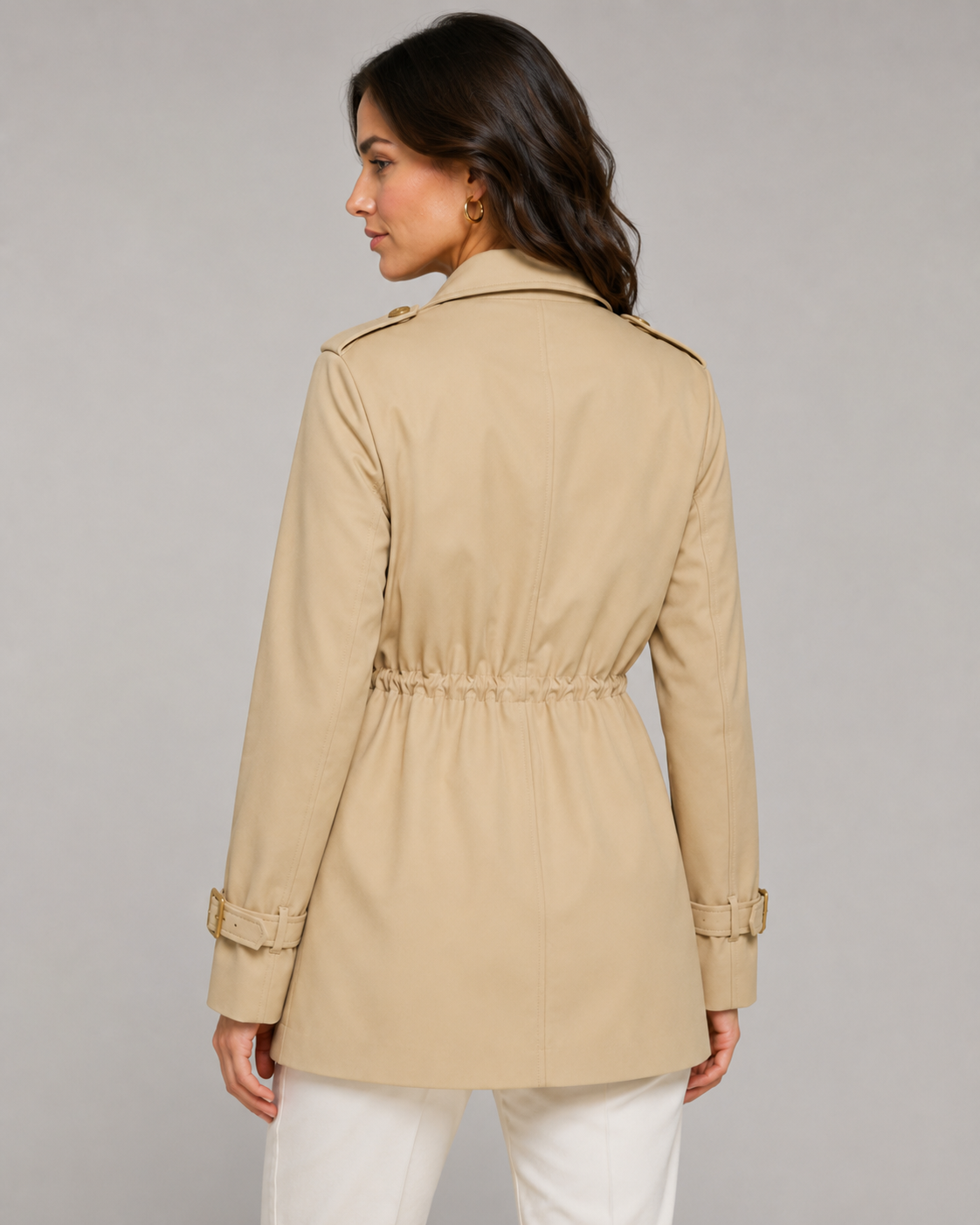 Women's Short Trench Coat Double-Breasted Drawstring Waist