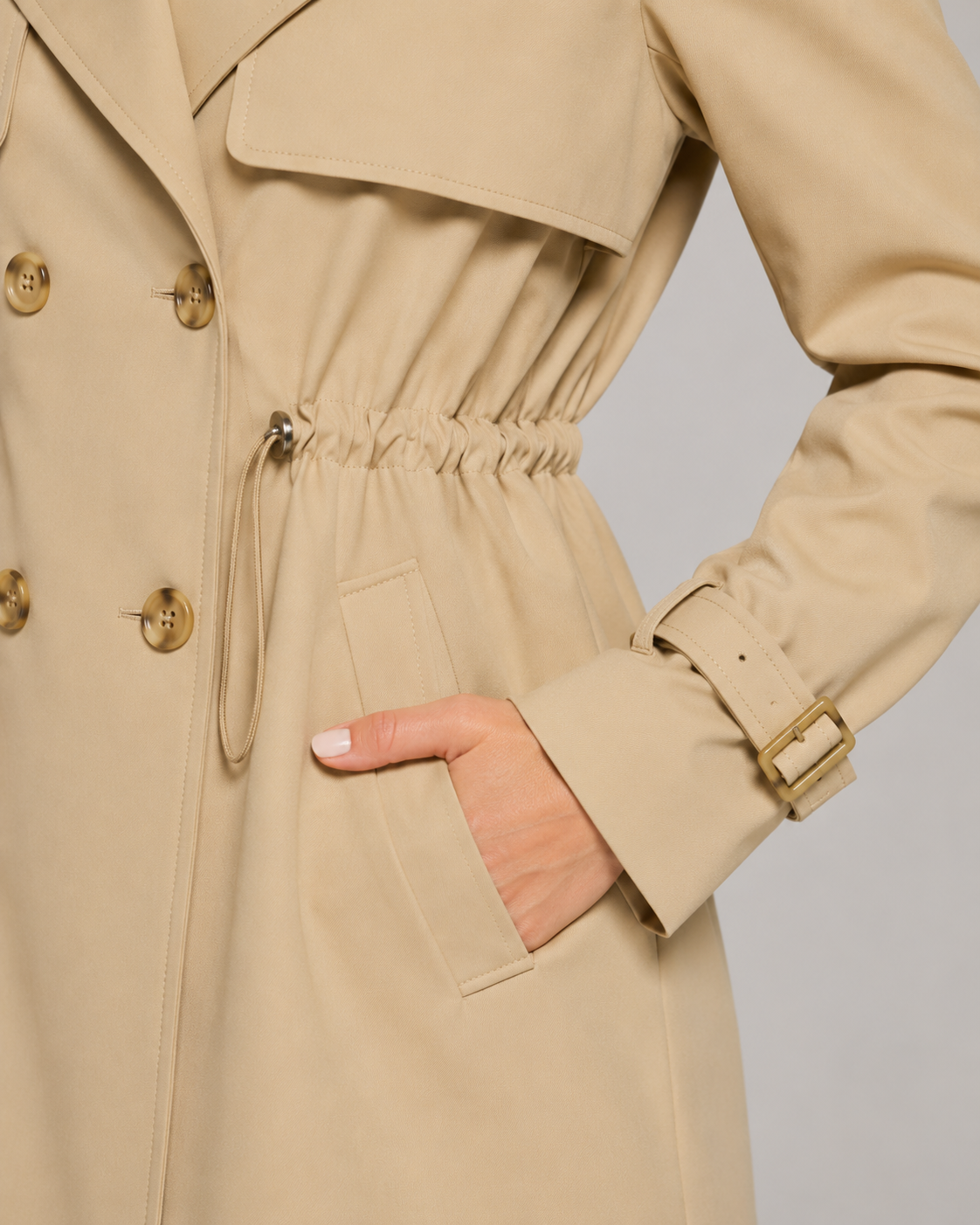 Women's Short Trench Coat Double-Breasted Drawstring Waist