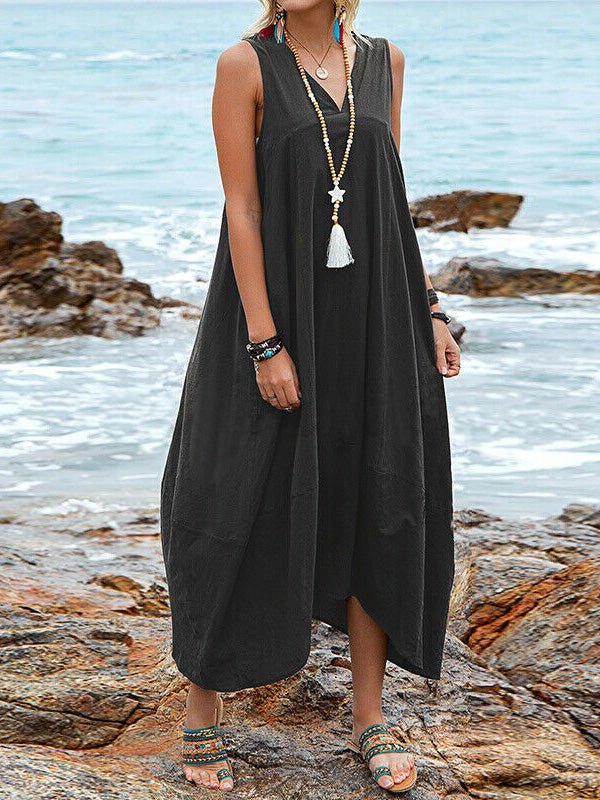 Casual V Neck Sleeveless Pocket Dress