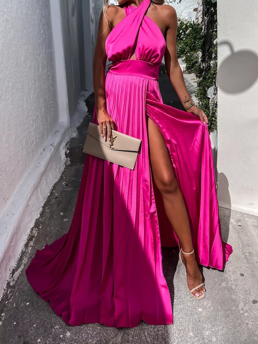 Cross Halterneck Pleated Sleeveless Slit Dress