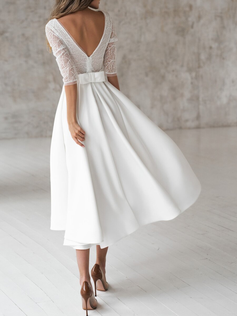 Lace Bodice Deep V-Neck Three Quarter Sleeve Satin A-Line Midi Dress 3