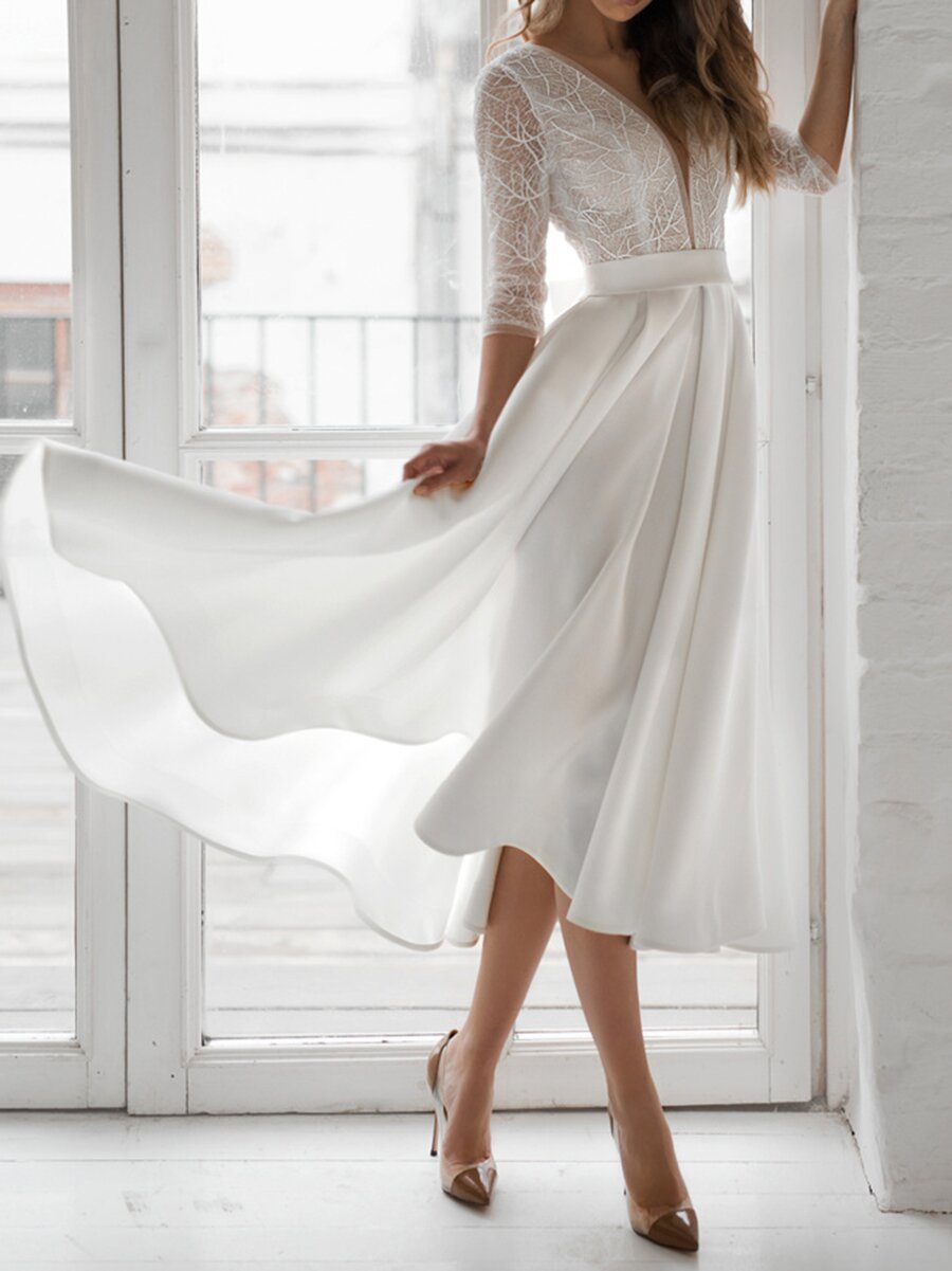 Lace Bodice Deep V-Neck Three Quarter Sleeve Satin A-Line Midi Dress
