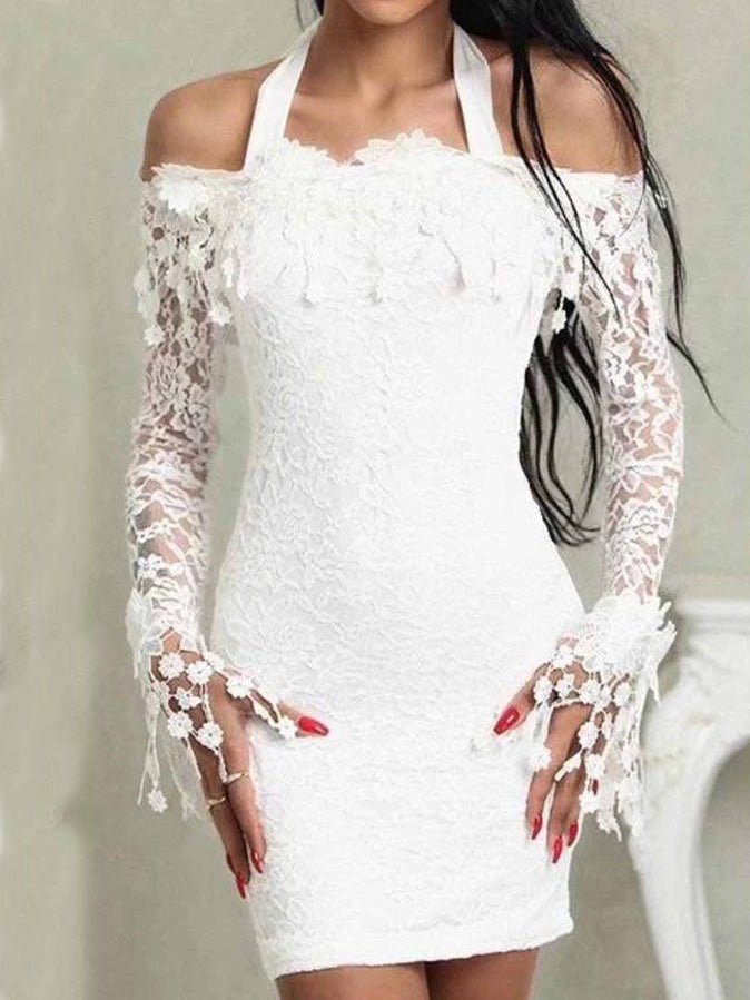 Off Shoulder Long Sleeve Floral Applique Lace Bodycon Mini Dress 3