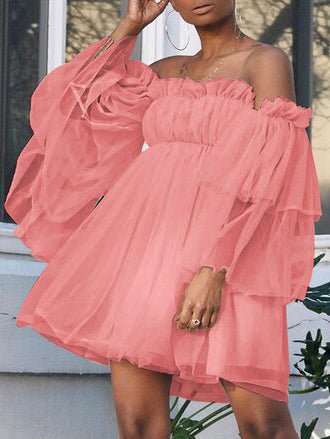 Tulle Mesh Off Shoulder Ruffle Trim Tiered Bell Sleeve Babydoll Mini Dress 4