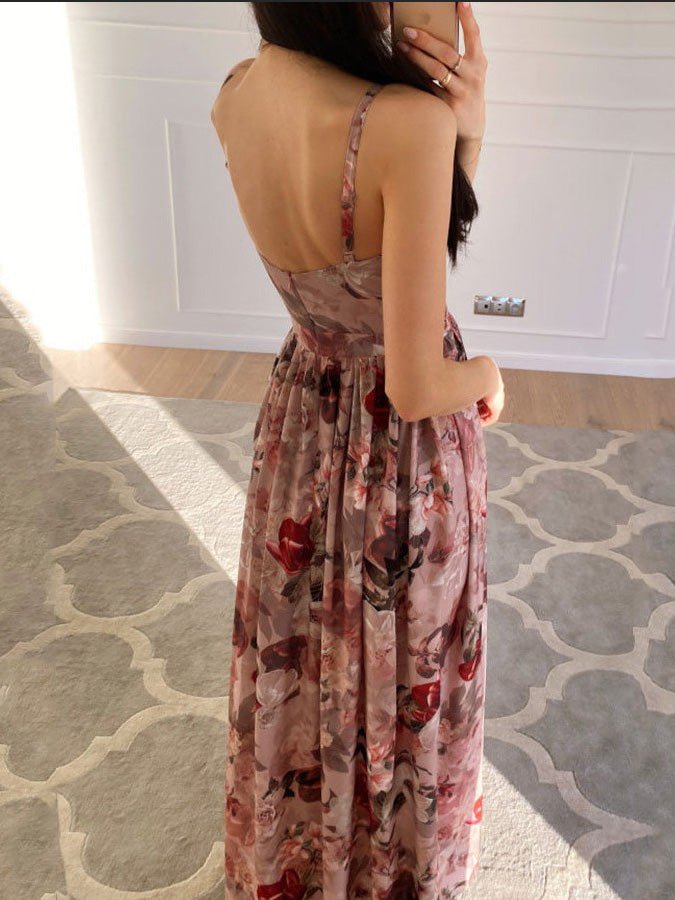 Printed Deep V Neck Slit Sling Dress