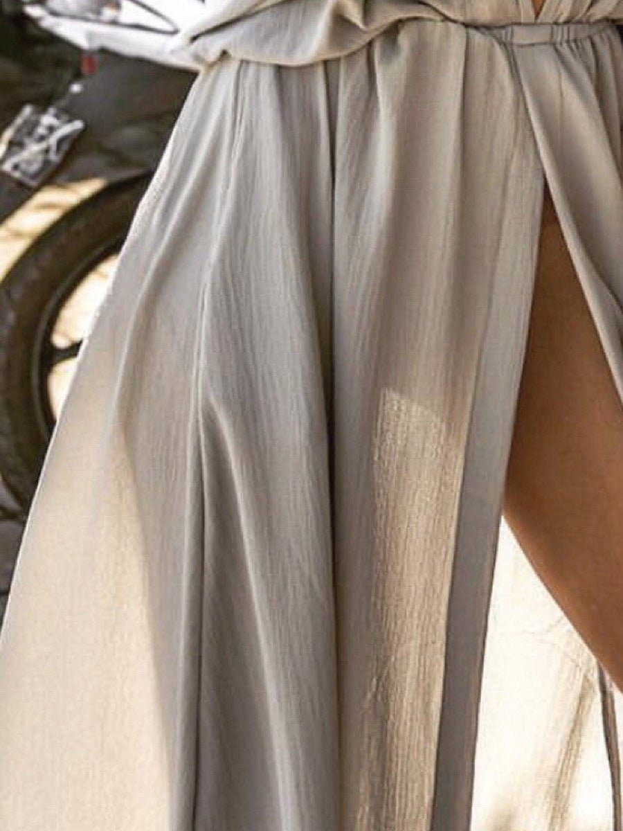 Solid V Neck Mid Sleeve Slit Dress