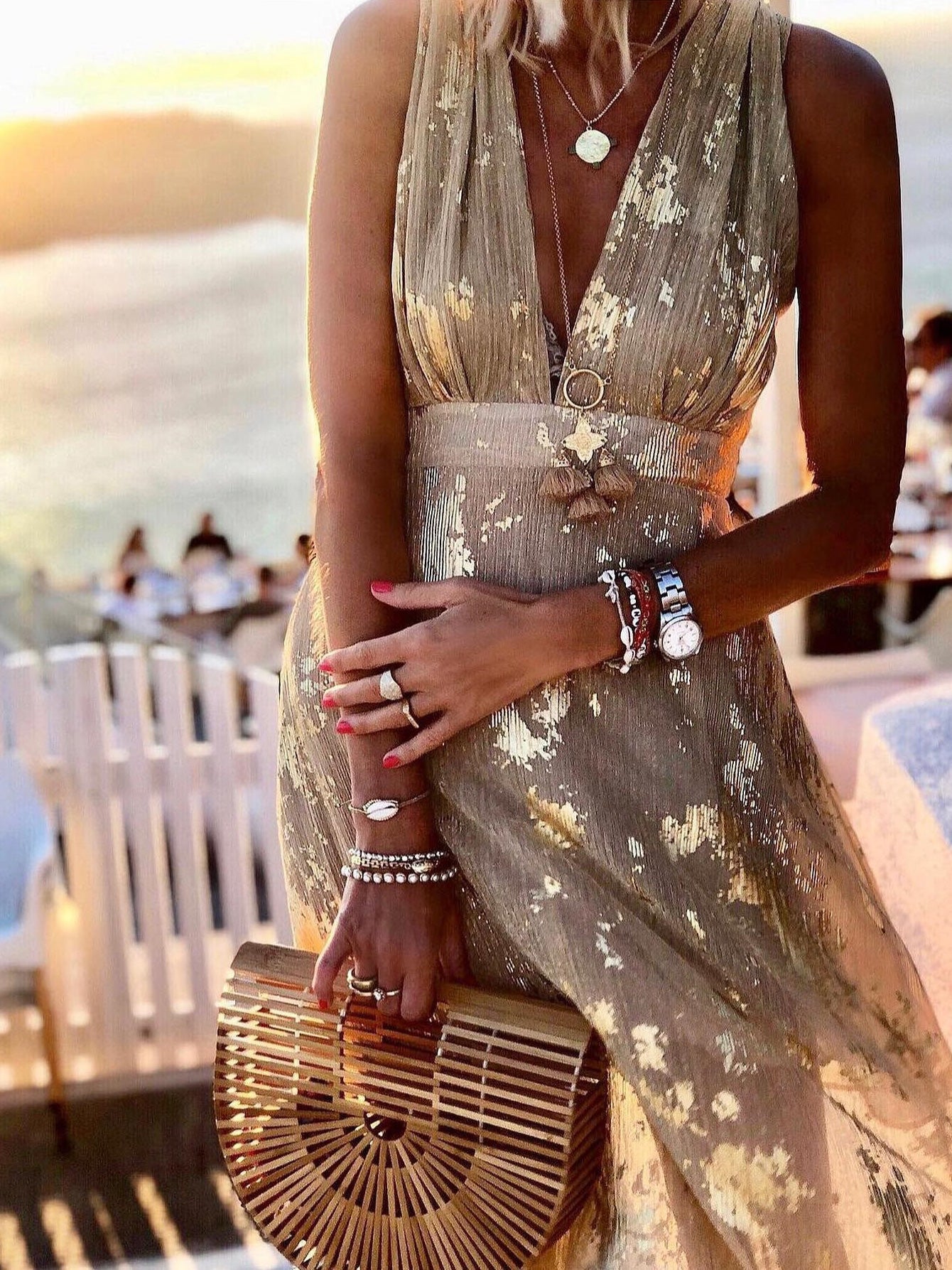 Deep V-Neck Metallic Print Sleeveless Maxi Dress 6