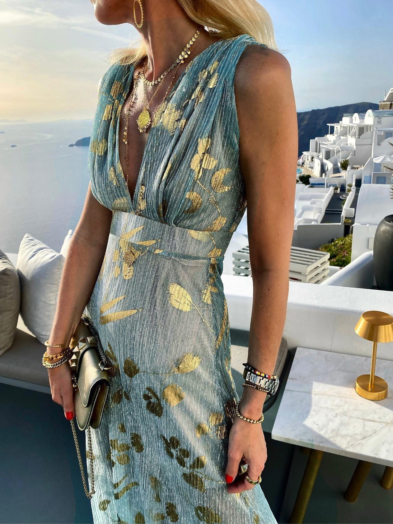 Deep V-Neck Metallic Print Sleeveless Maxi Dress 2