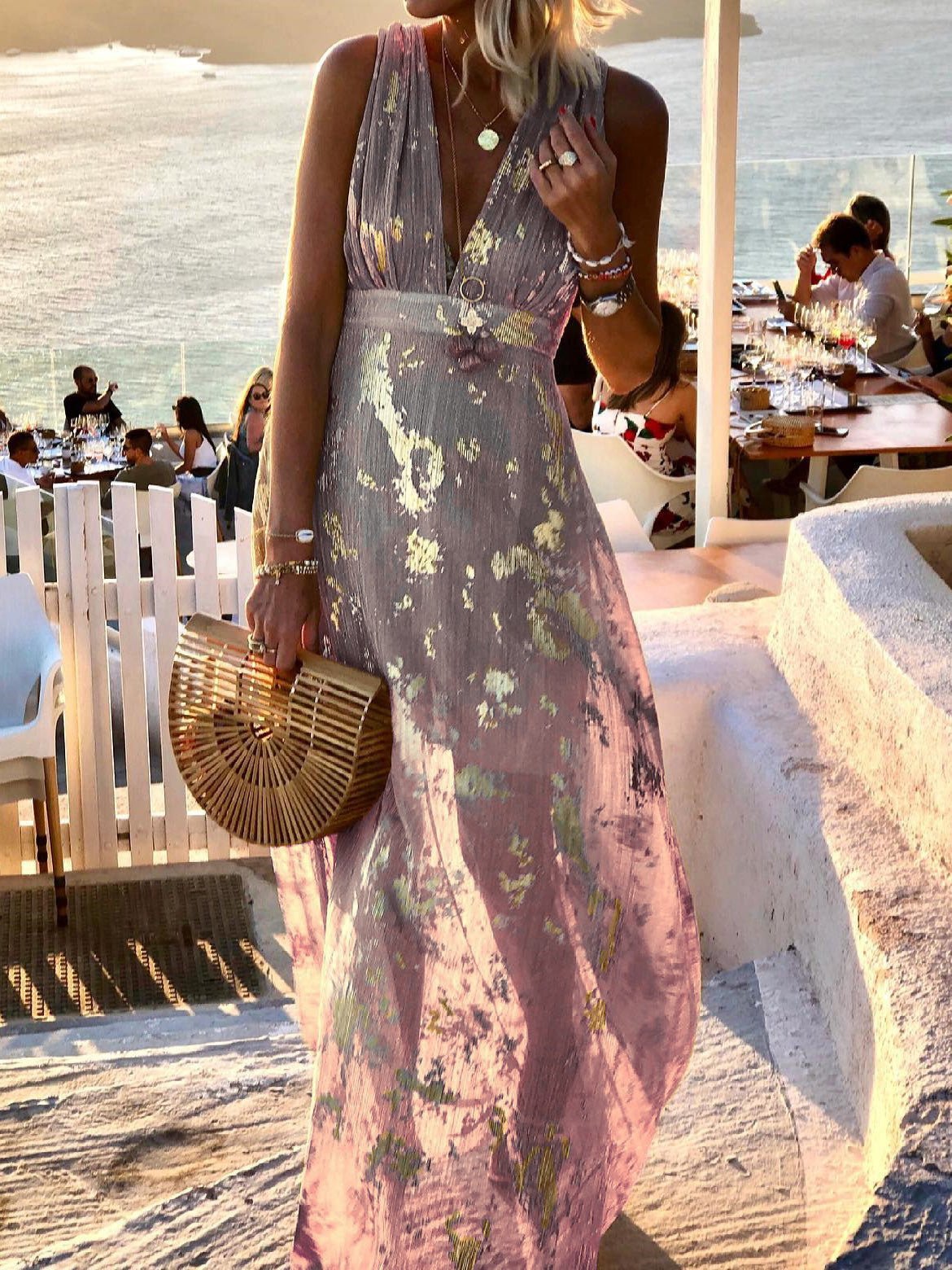 Deep V-Neck Metallic Print Sleeveless Maxi Dress 4