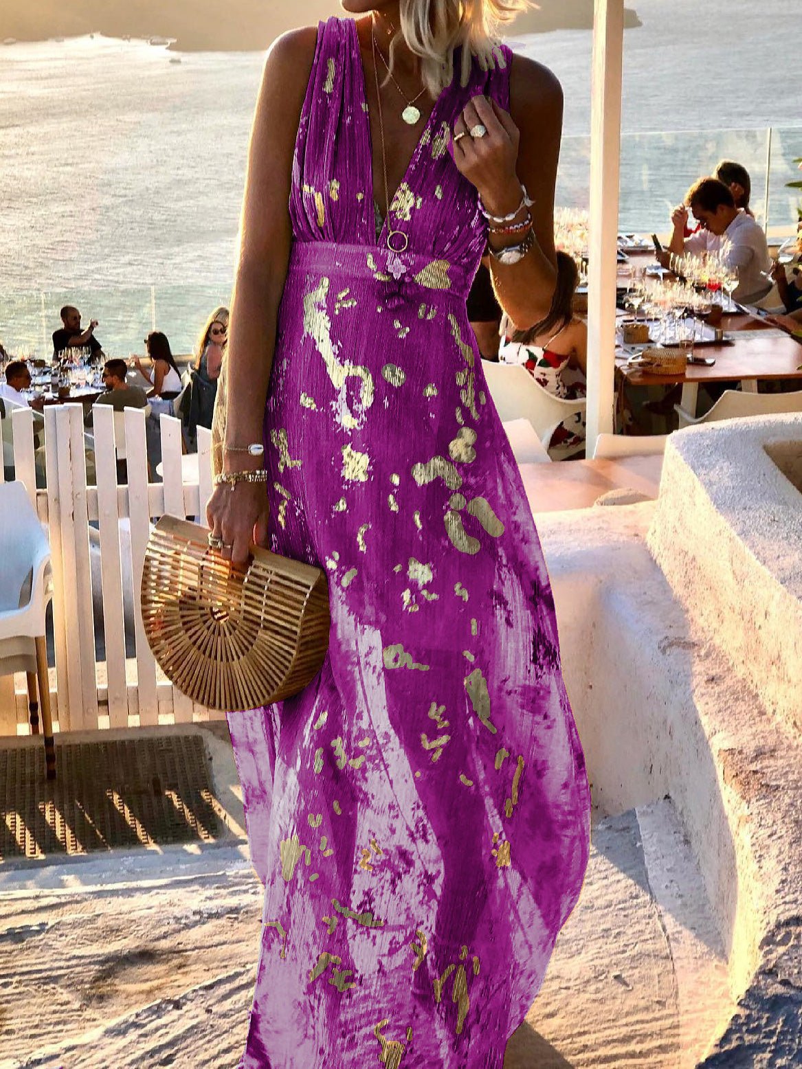 Deep V-Neck Metallic Print Sleeveless Maxi Dress 5