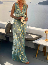 Deep V-Neck Metallic Print Sleeveless Maxi Dress 7