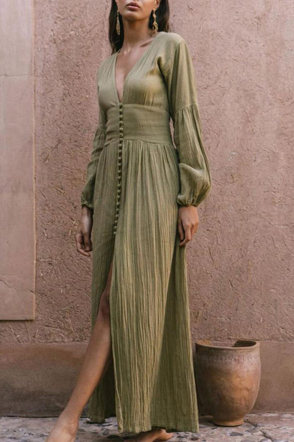 Plunging Button Long Sleeve Maxi Dress