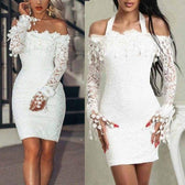 Lace Off Shoulder Long Sleeve Appliqué Bodycon Mini Dress Party 4
