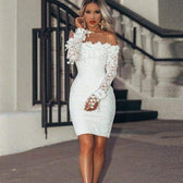 Lace Off Shoulder Long Sleeve Appliqué Bodycon Mini Dress Party