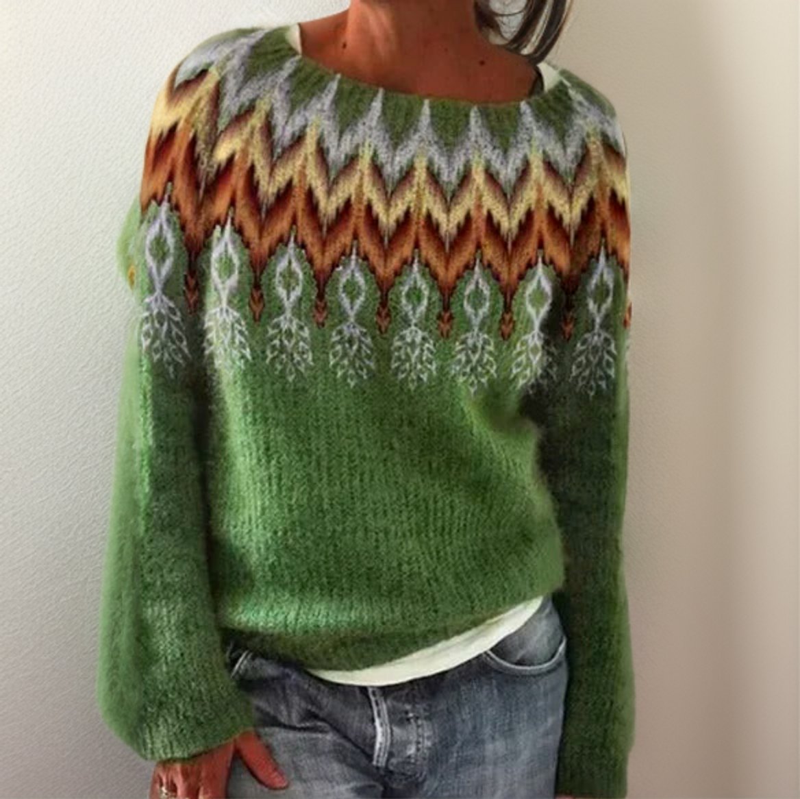 Geometric Fair Isle Boat Neck Pullover Sweater