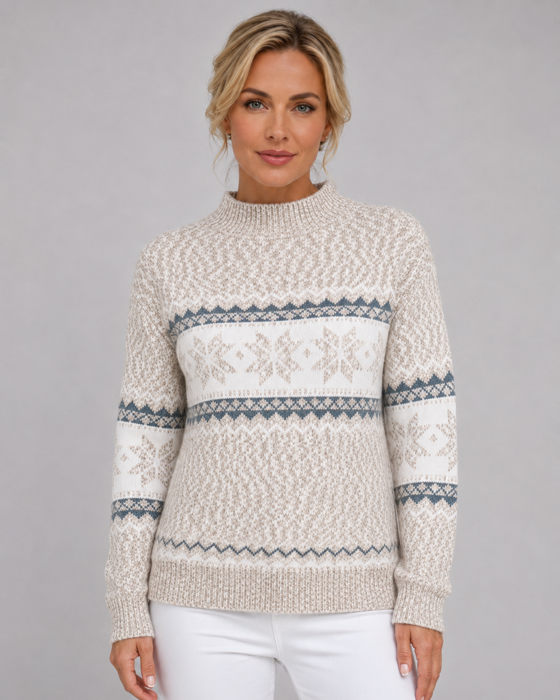 Women's Fair Isle Sweater - Ribbed Mock Neck