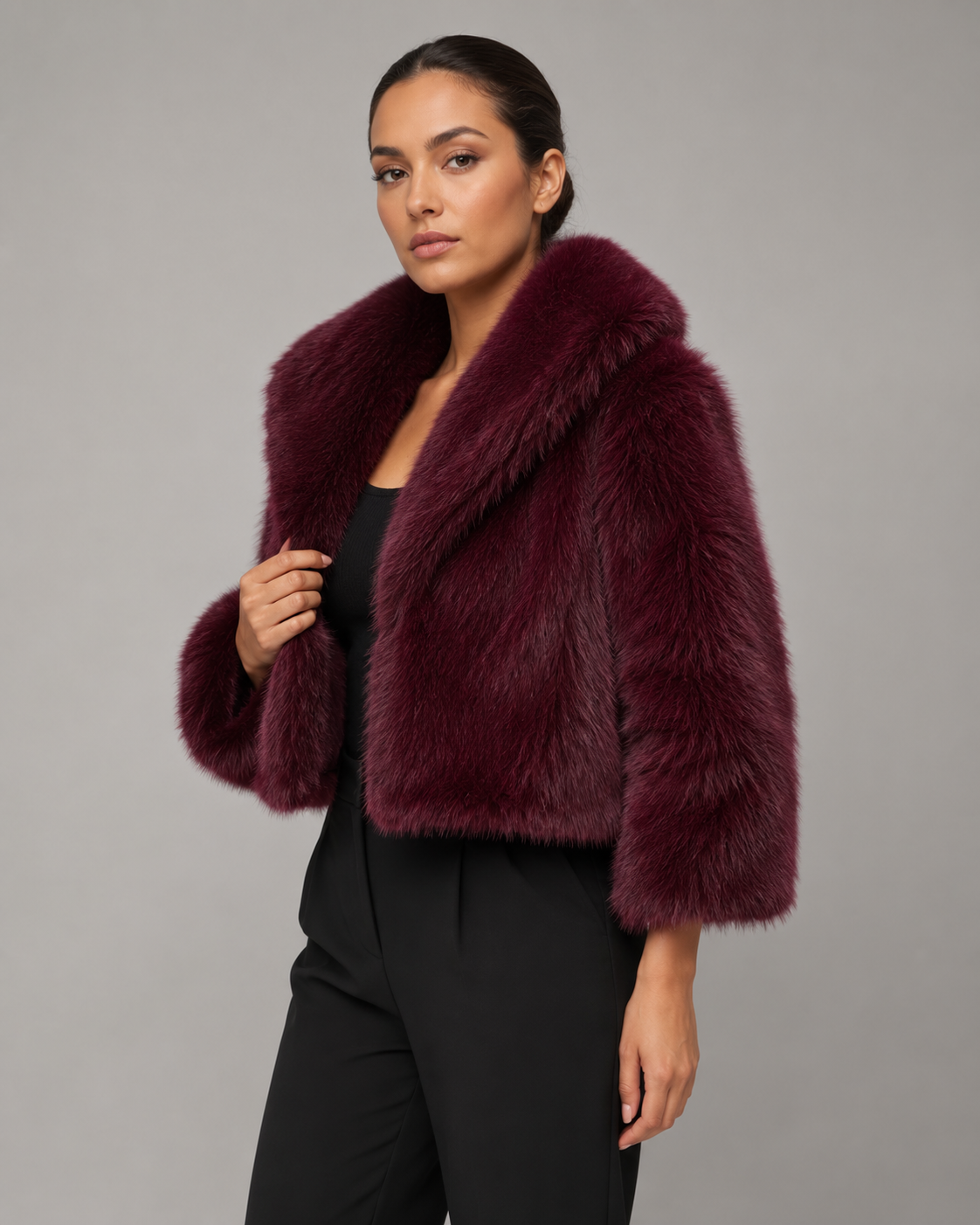 Women's Cropped Faux Fur Jacket with Wide Collar
