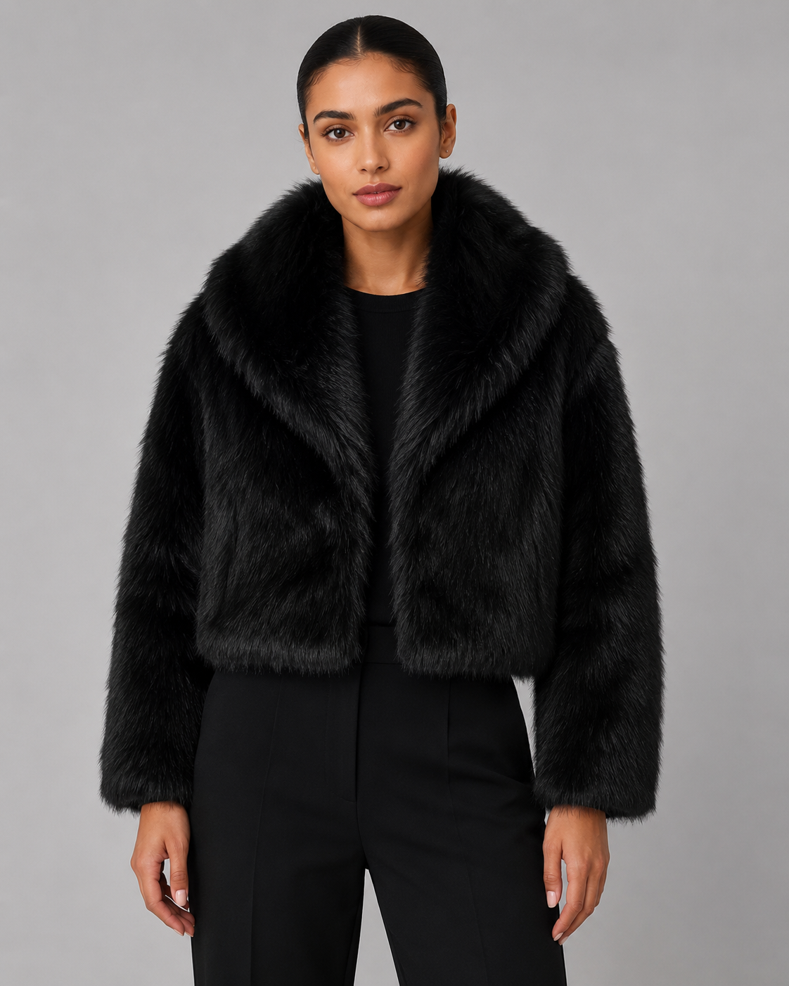 Women's Cropped Faux Fur Jacket with Wide Collar