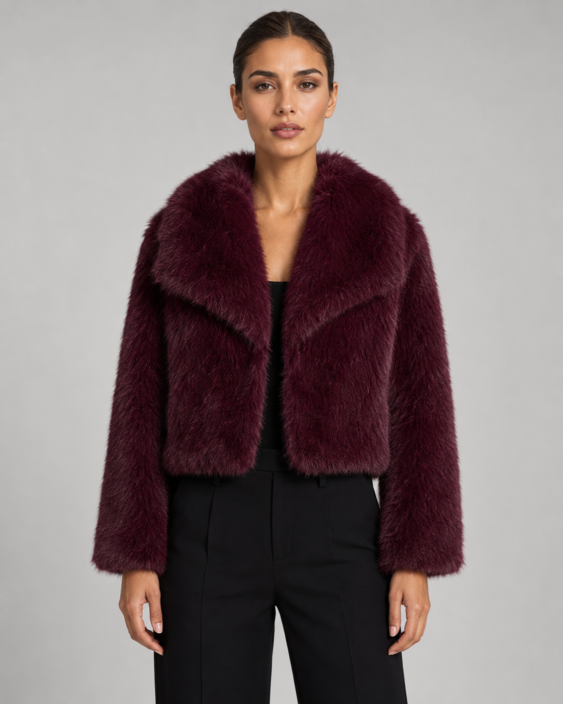 Women's Cropped Faux Fur Jacket with Wide Collar