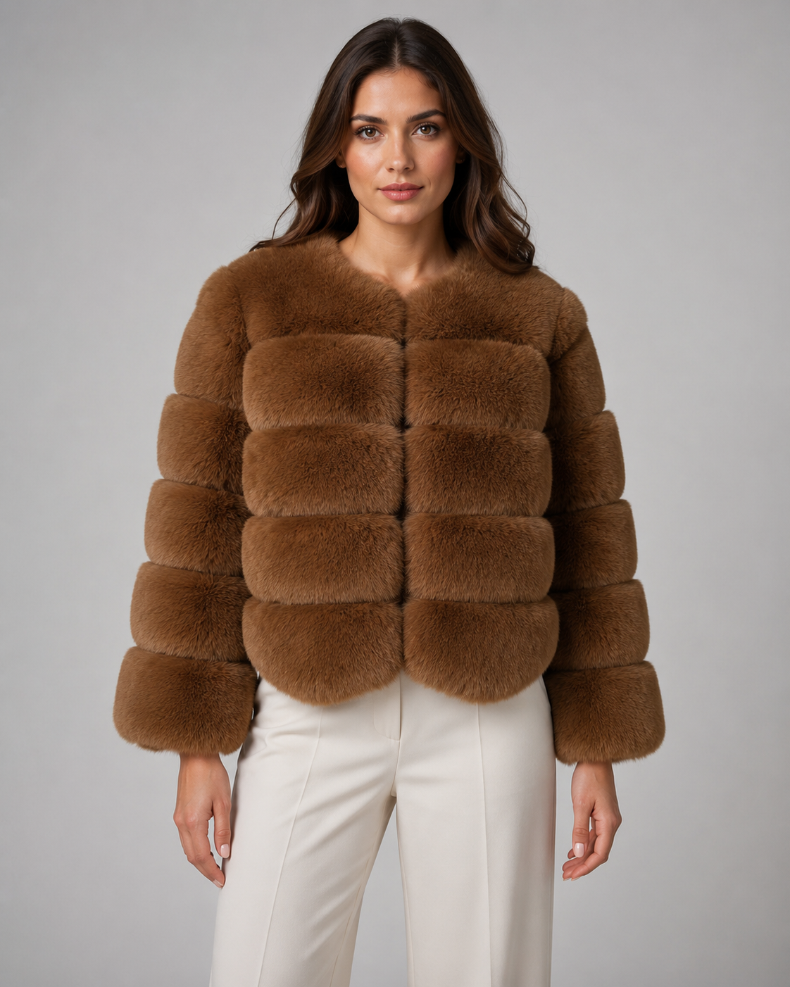Collarless Paneled Faux Fur Cropped Jacket