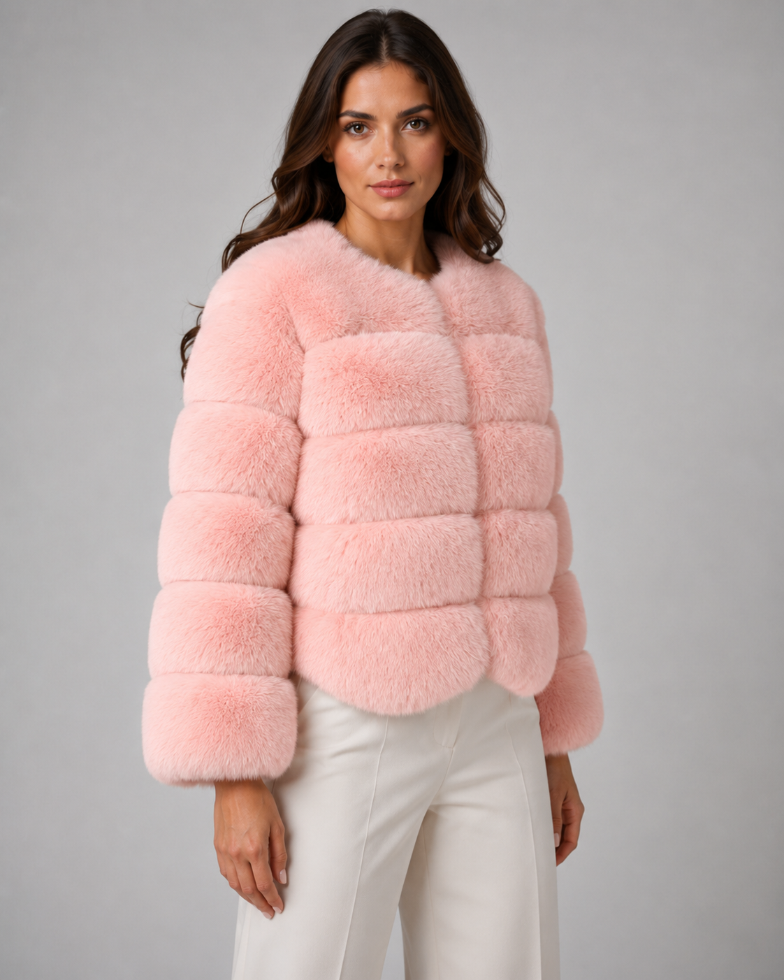 Collarless Paneled Faux Fur Cropped Jacket