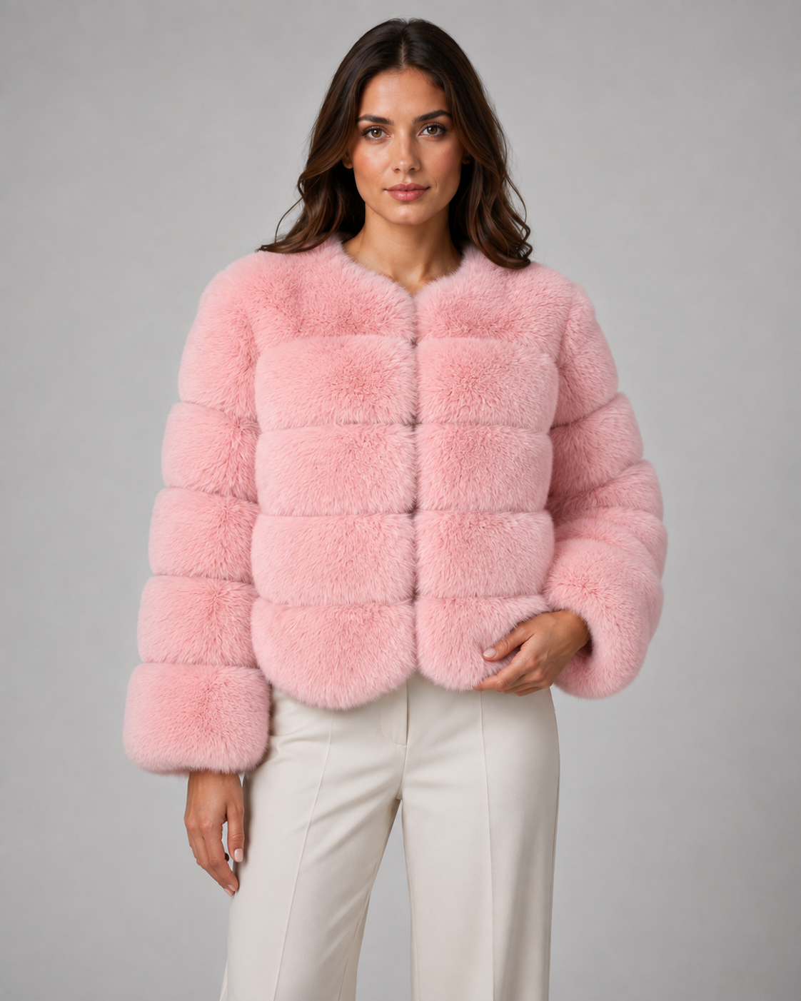 Collarless Paneled Faux Fur Cropped Jacket