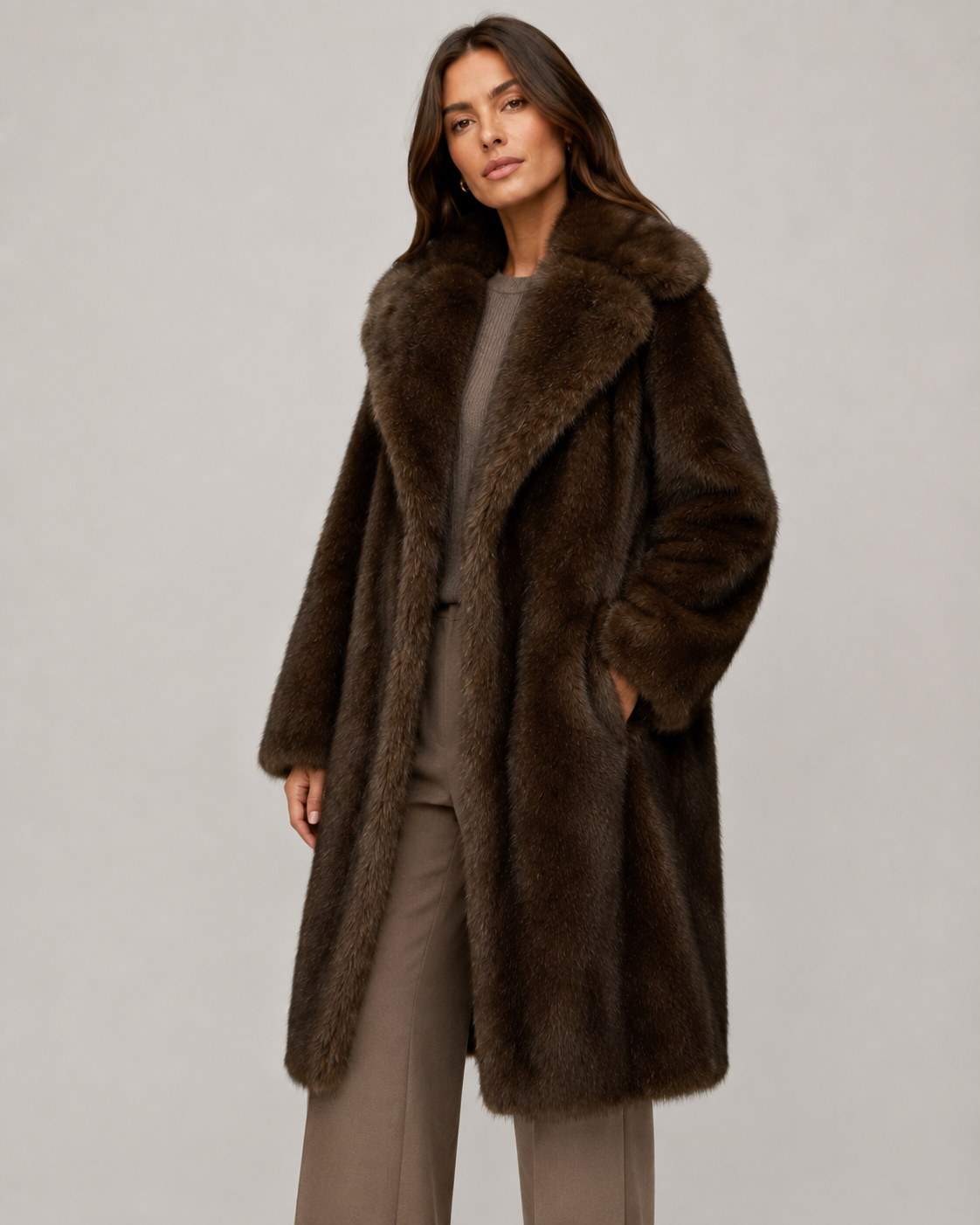 Women's Faux Fur Longline Coat with Wide Collar