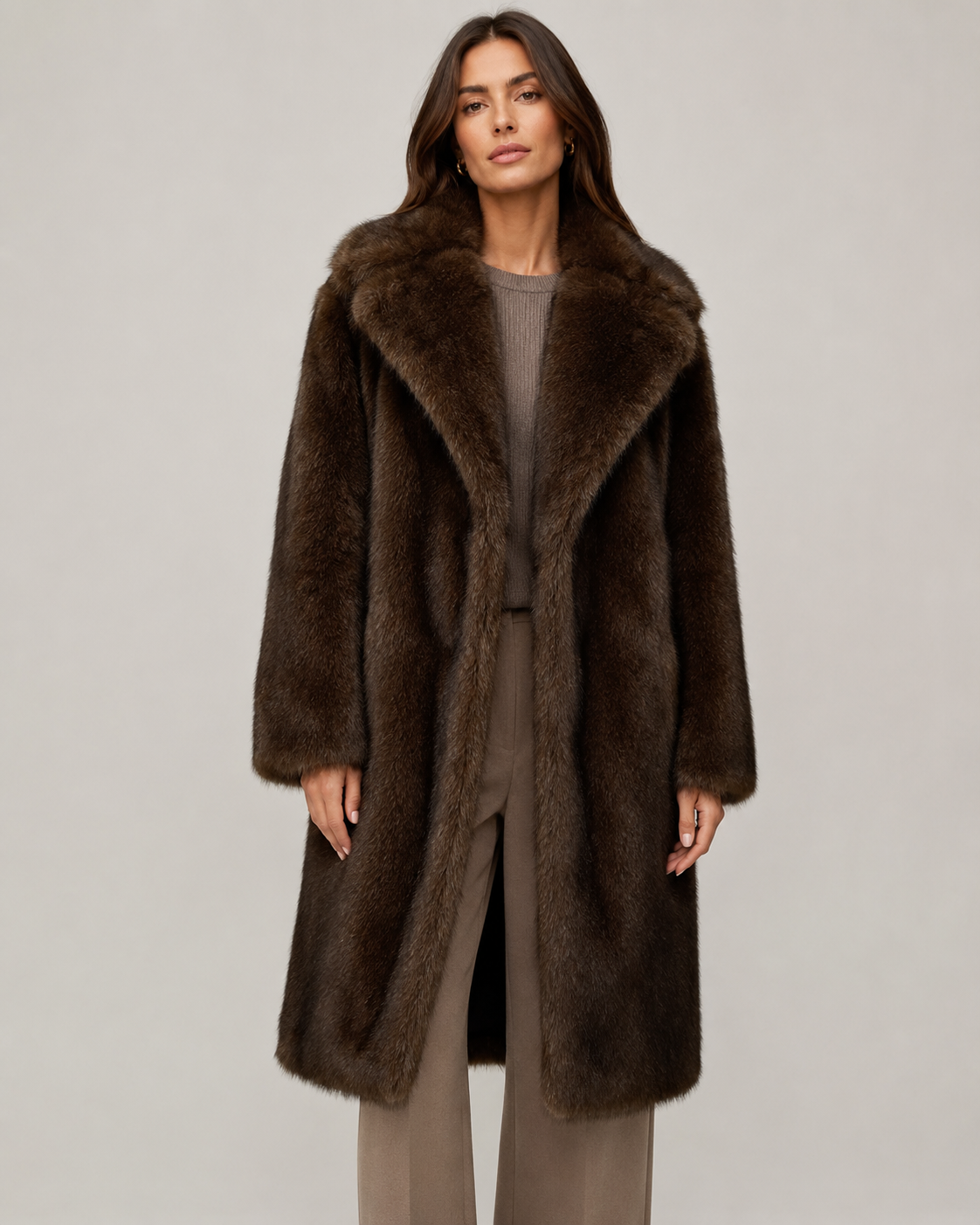 Women's Faux Fur Longline Coat with Wide Collar
