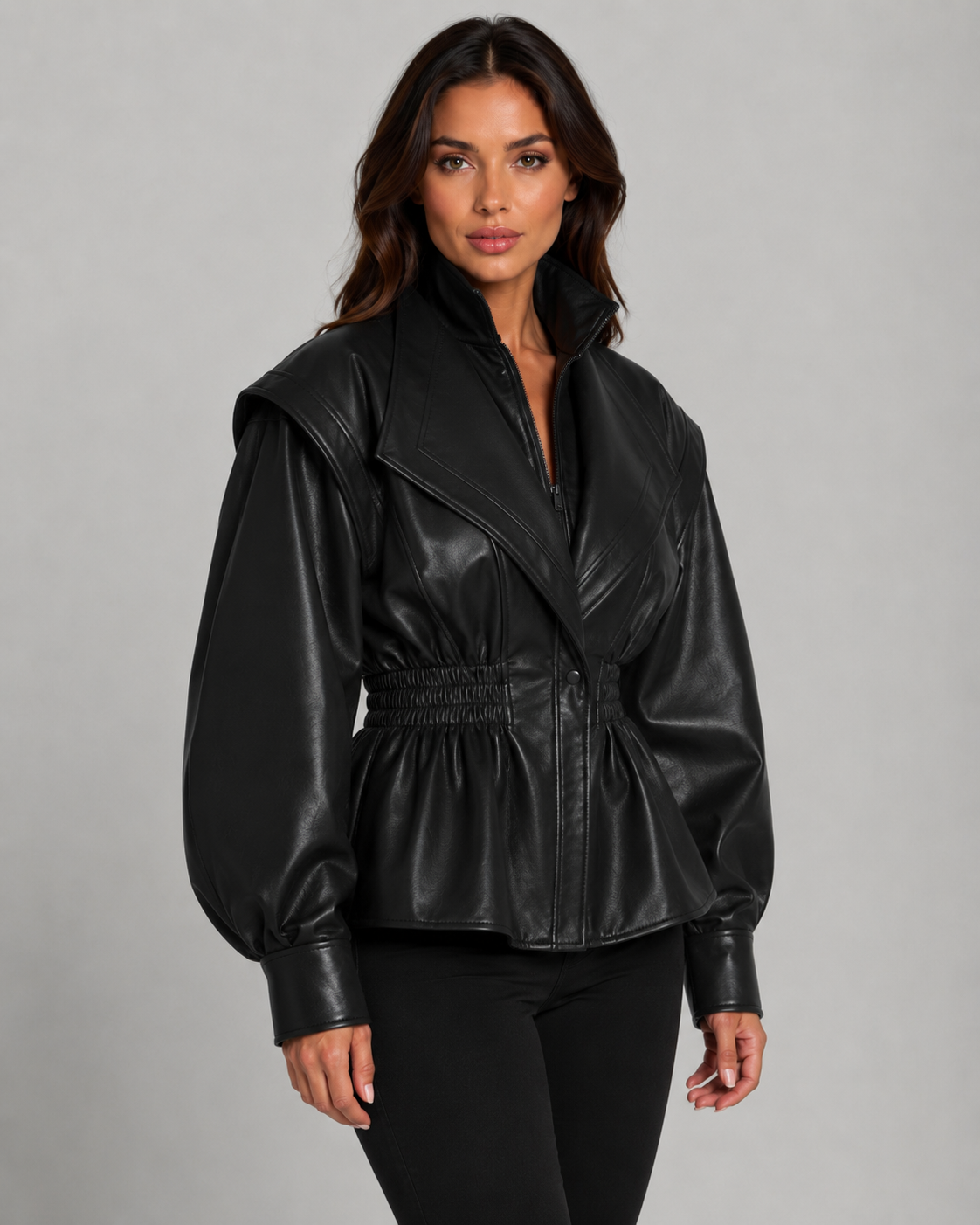 Women's Faux Leather Peplum Jacket Cinched Waist Puff Sleeve