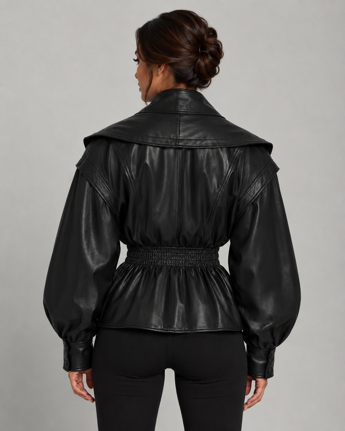 Women's Faux Leather Peplum Jacket Cinched Waist Puff Sleeve