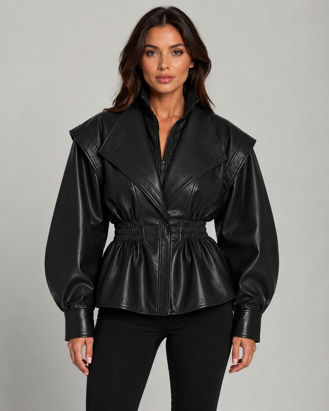 Women's Faux Leather Peplum Jacket Cinched Waist Puff Sleeve