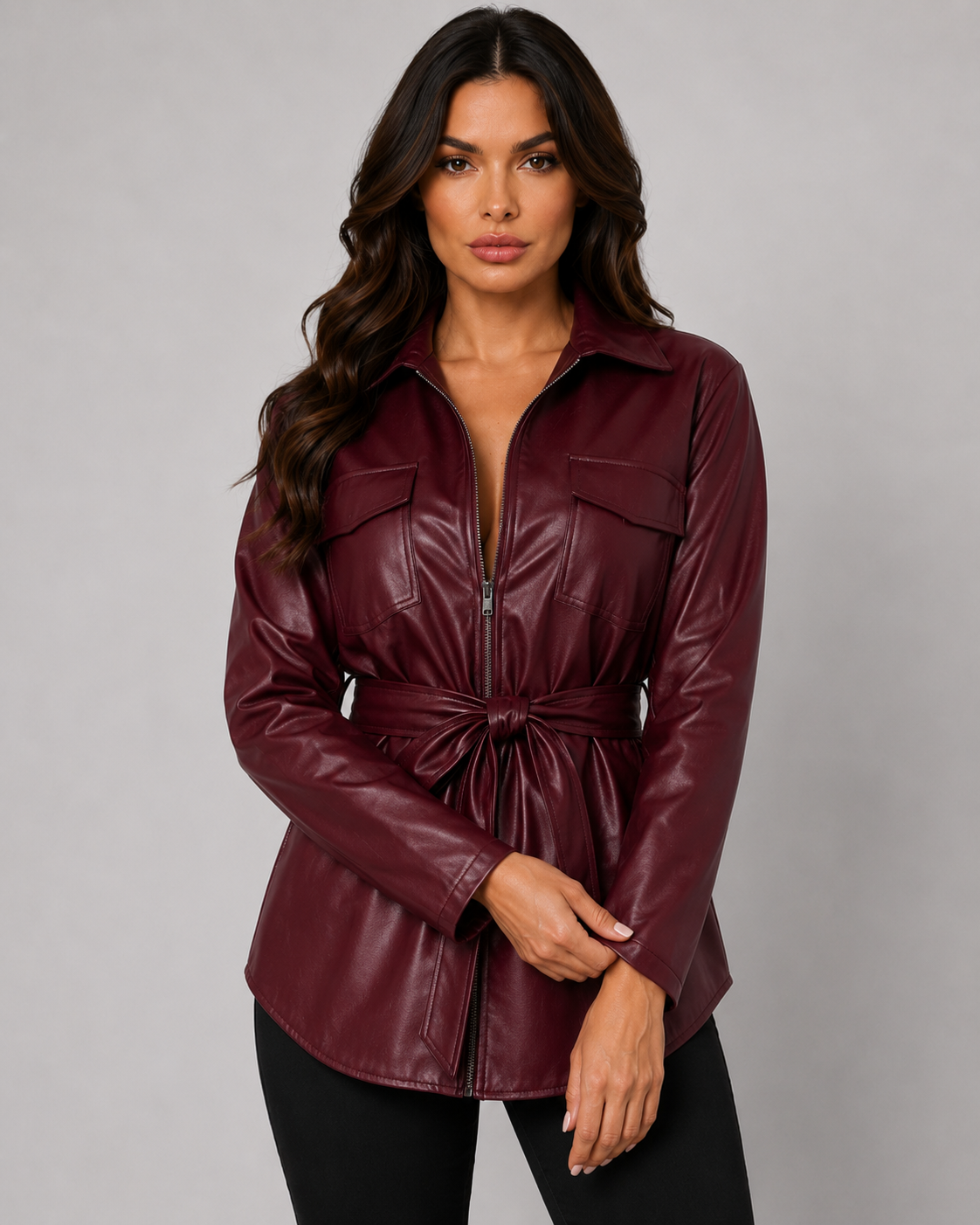 Women's Faux Leather Tie Waist Shirt Jacket Zip Front