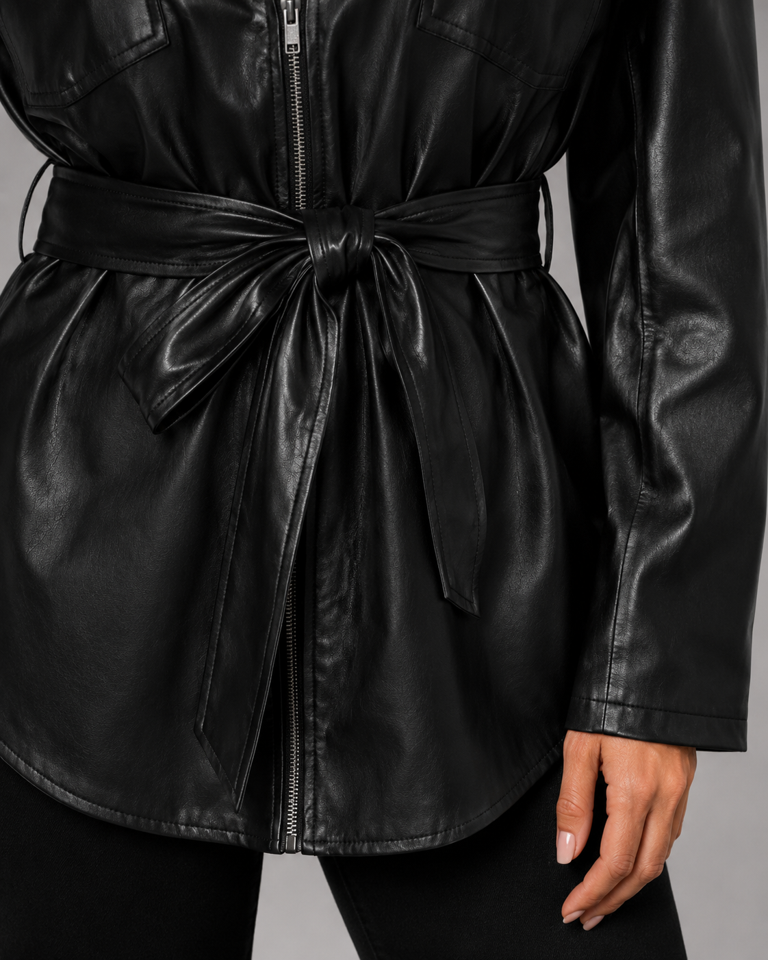 Women's Faux Leather Tie Waist Shirt Jacket Zip Front