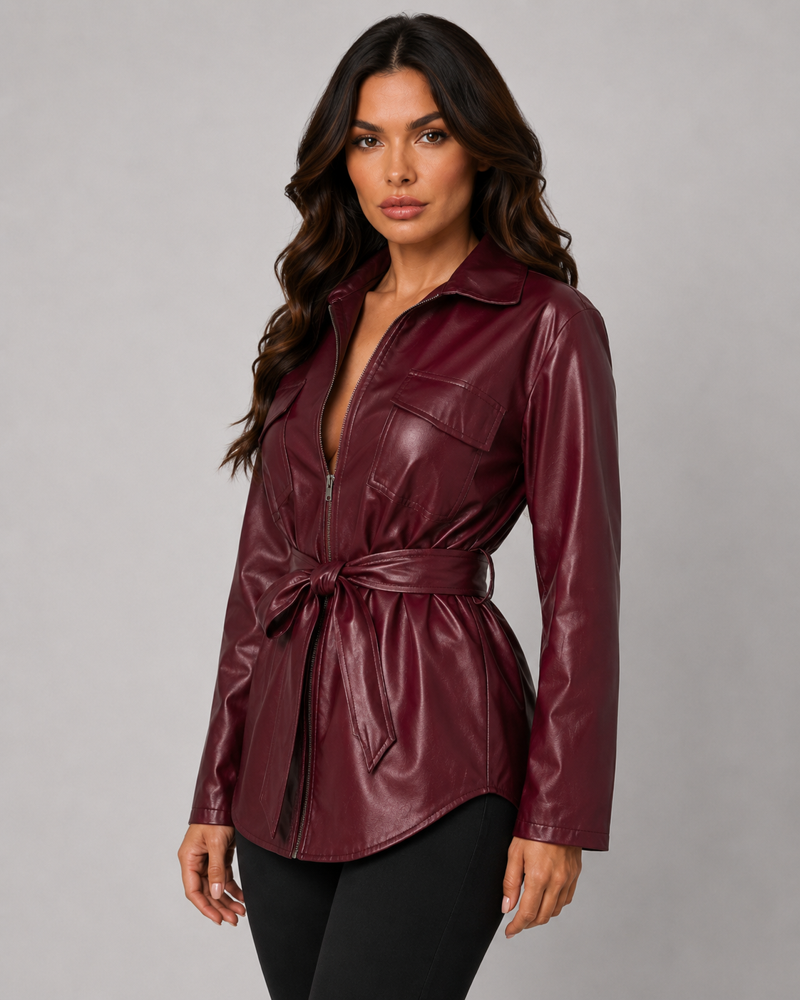 Women's Faux Leather Tie Waist Shirt Jacket Zip Front