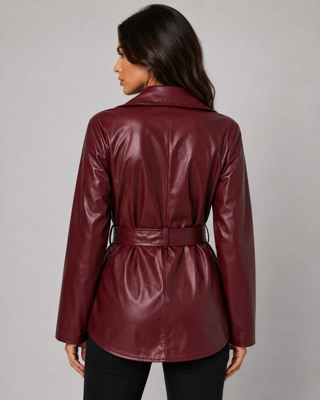 Women's Faux Leather Tie Waist Shirt Jacket Zip Front