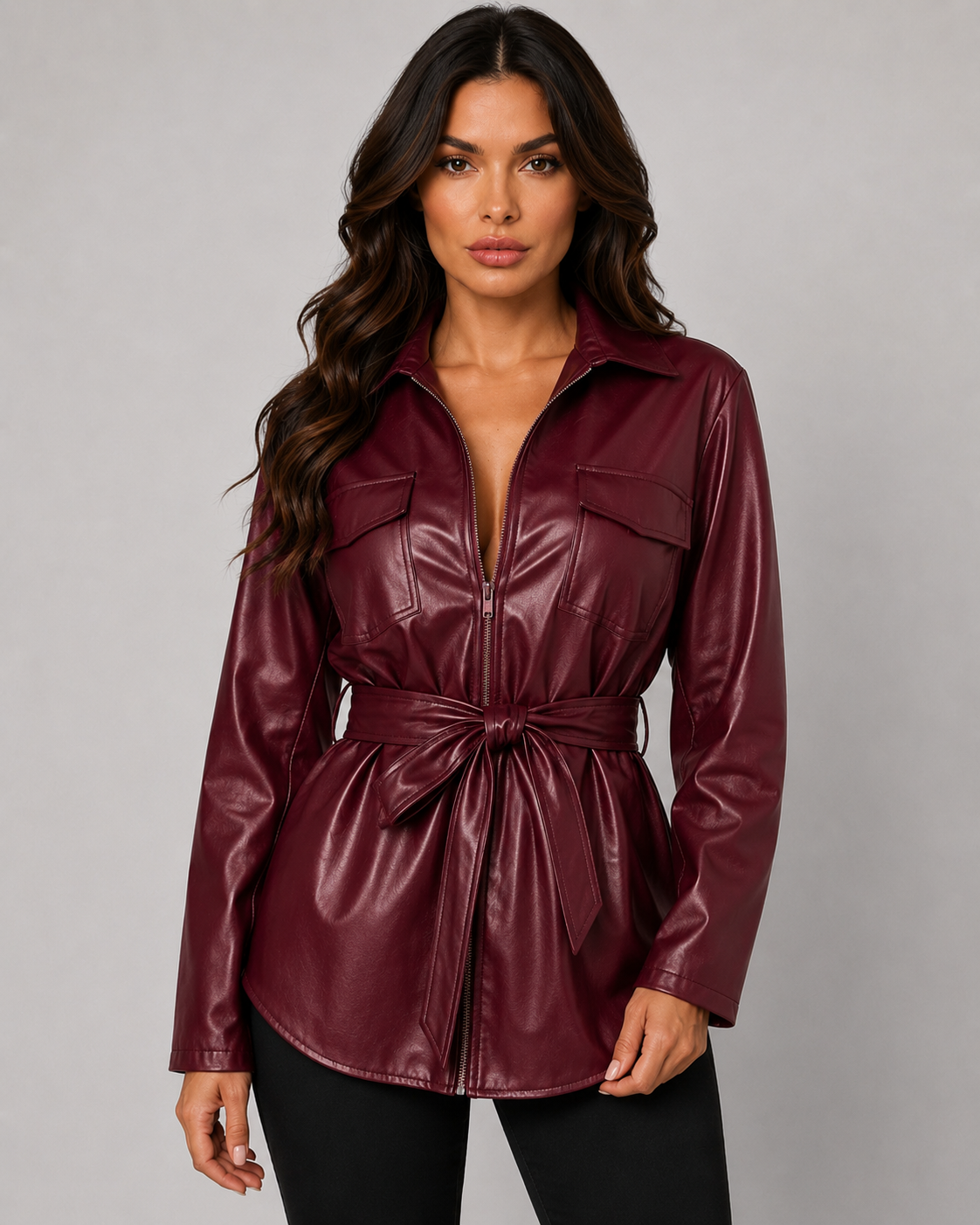 Women's Faux Leather Tie Waist Shirt Jacket Zip Front