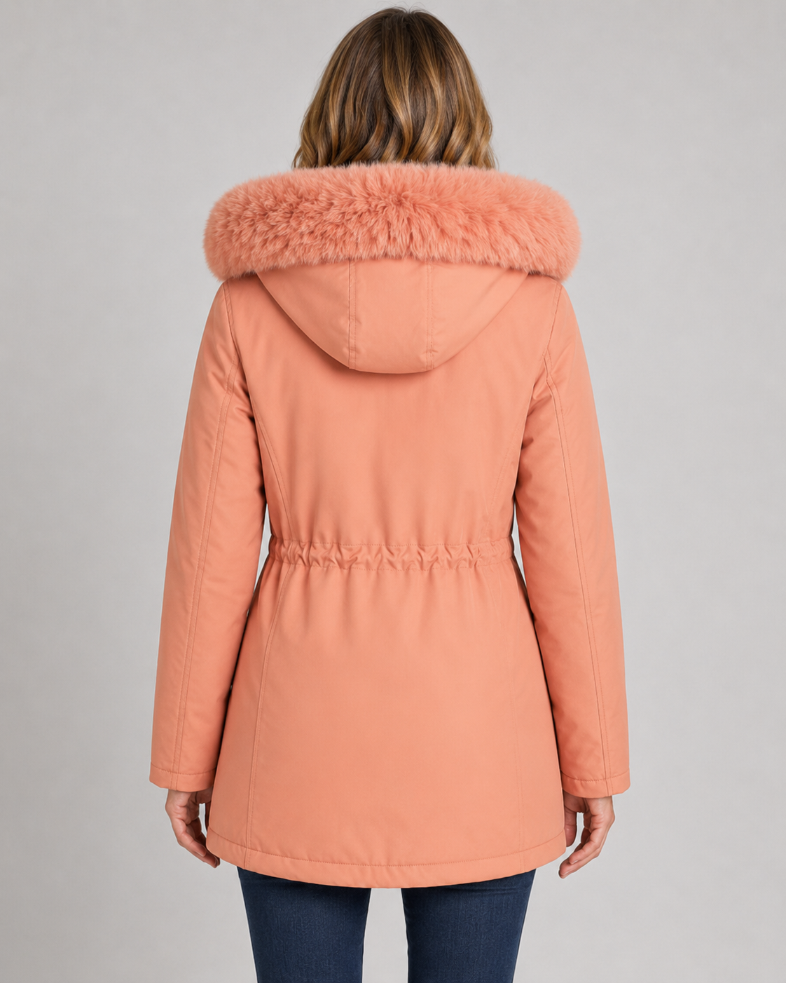 Faux Fur Hood Drawstring Waist Zip Parka Coat