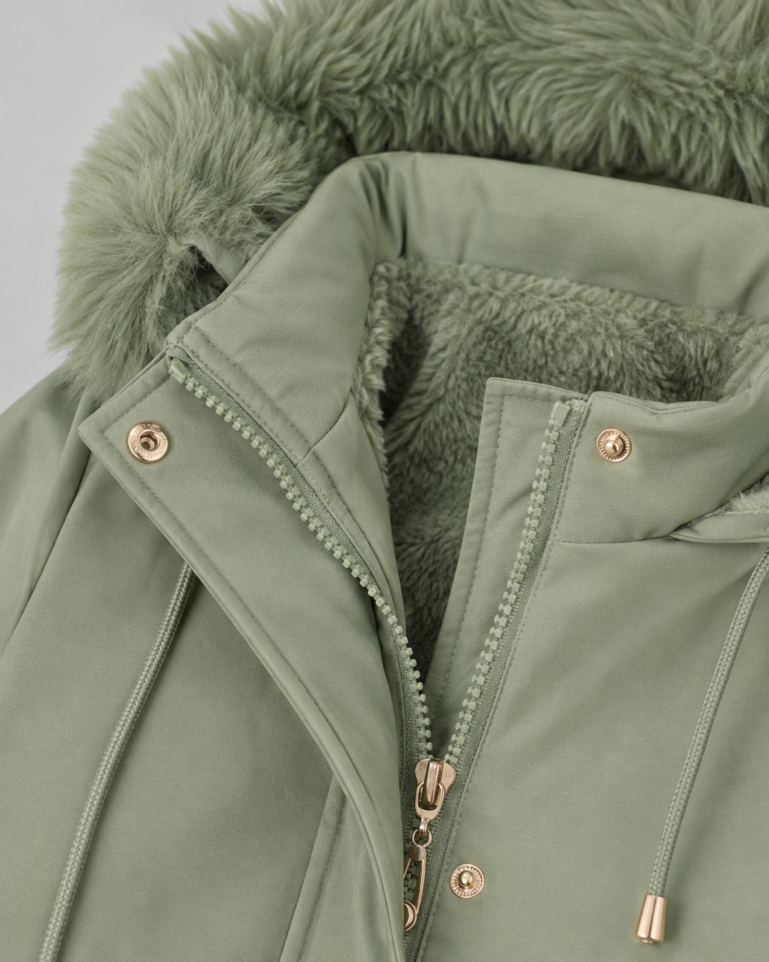 Faux Fur Hood Drawstring Waist Zip Parka Coat