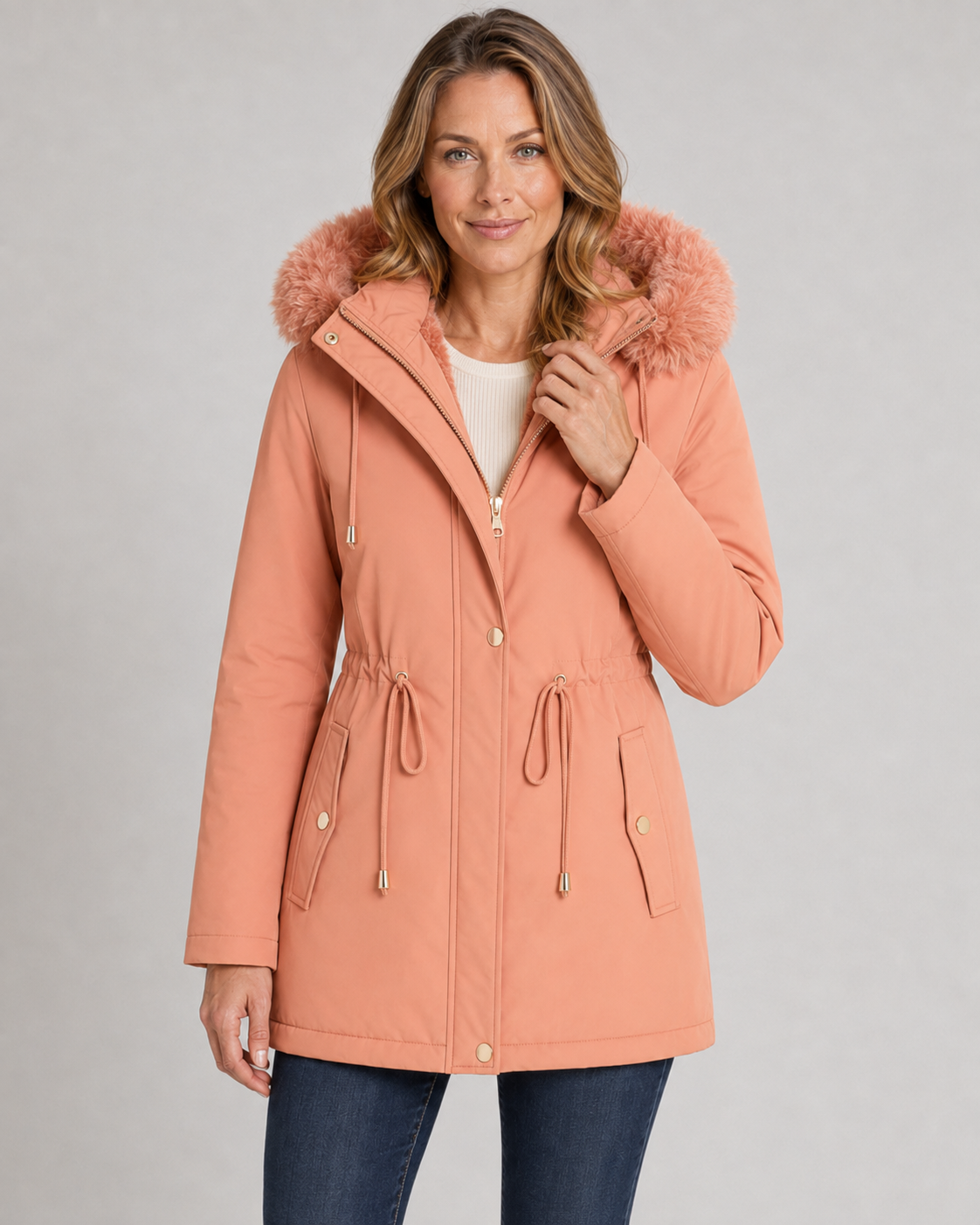 Faux Fur Hood Drawstring Waist Zip Parka Coat