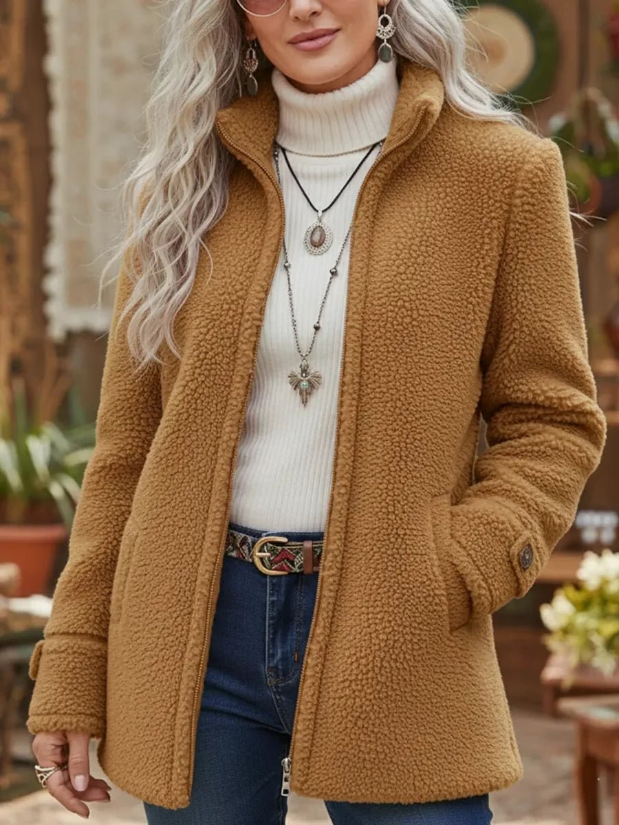 Teddy Fleece Stand Collar Zip Front Jacket