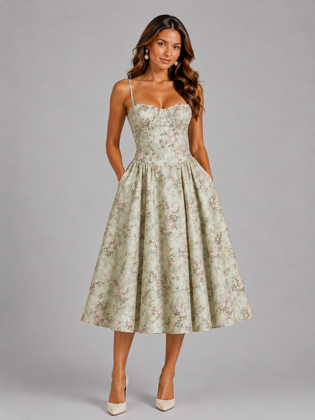 Floral Sweetheart Corset Fit and Flare Midi Dress