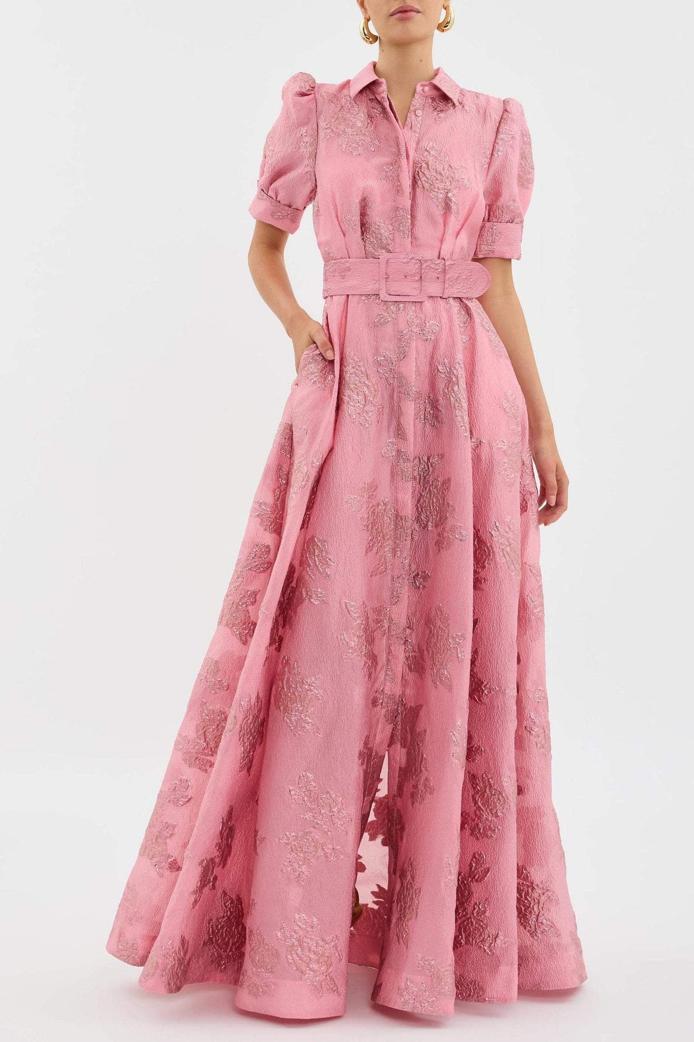 Floral Jacquard Collared Puff Sleeve Belted Maxi Dress