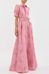 Floral Jacquard Collared Puff Sleeve Belted Maxi Dress 3