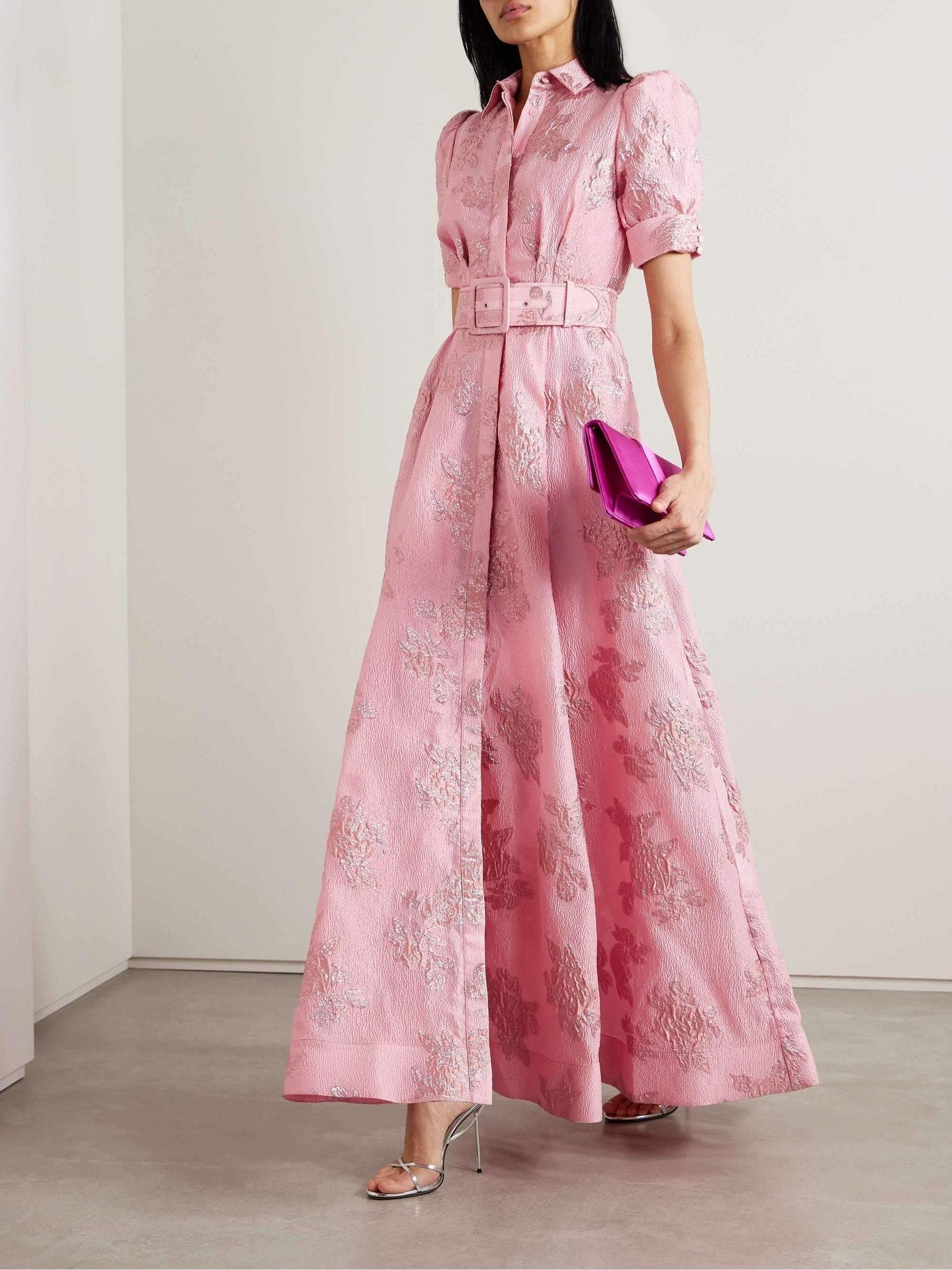 Floral Jacquard Collared Puff Sleeve Belted Maxi Dress 5