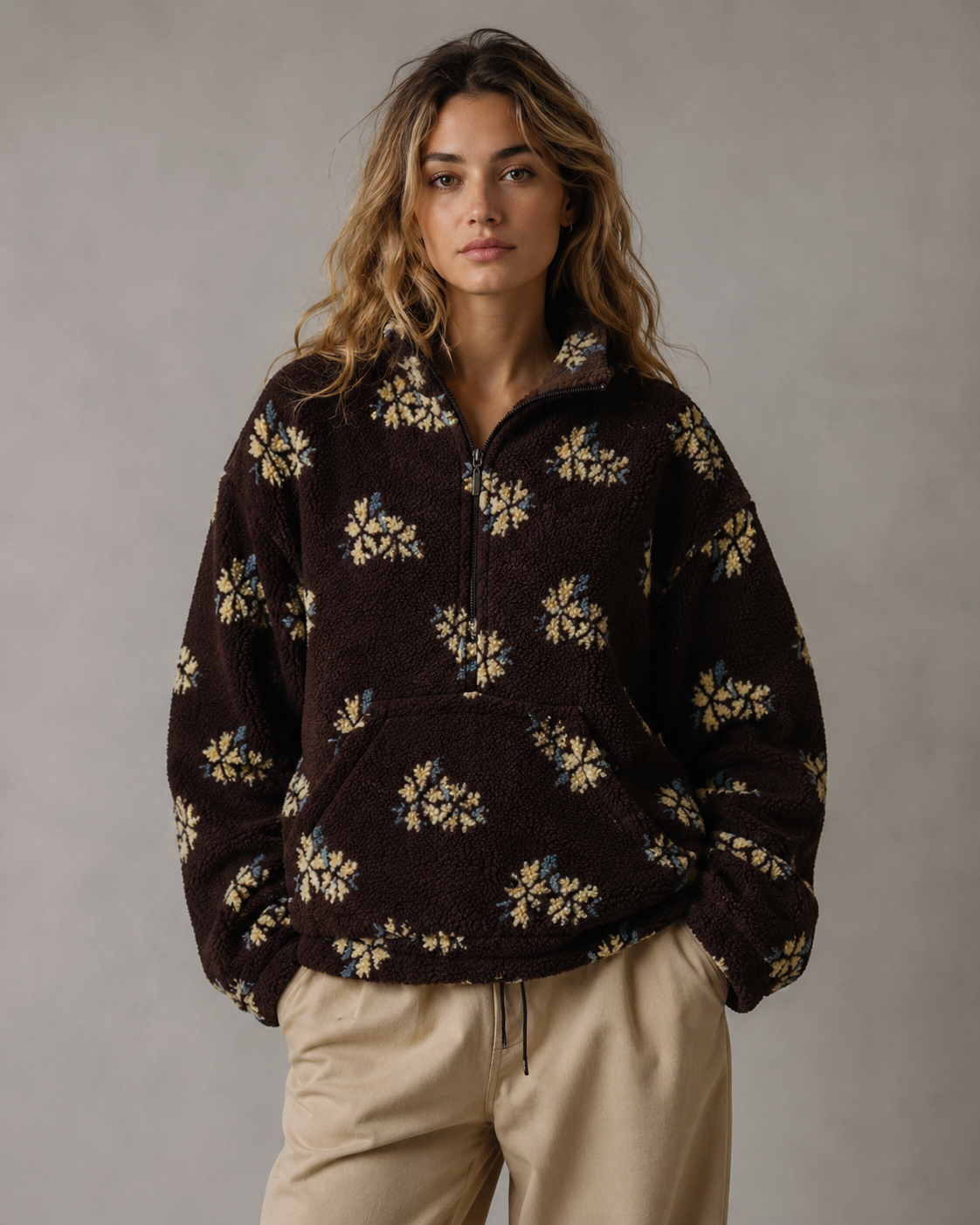 Floral Textured Funnel Neck Quarter Zip Sherpa Pullover 9