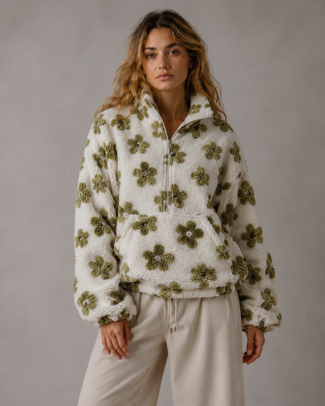 Floral Textured Funnel Neck Quarter Zip Sherpa Pullover