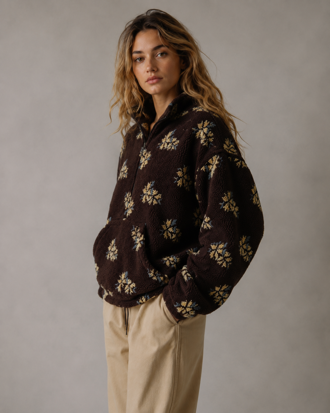 Floral Textured Funnel Neck Quarter Zip Sherpa Pullover 4