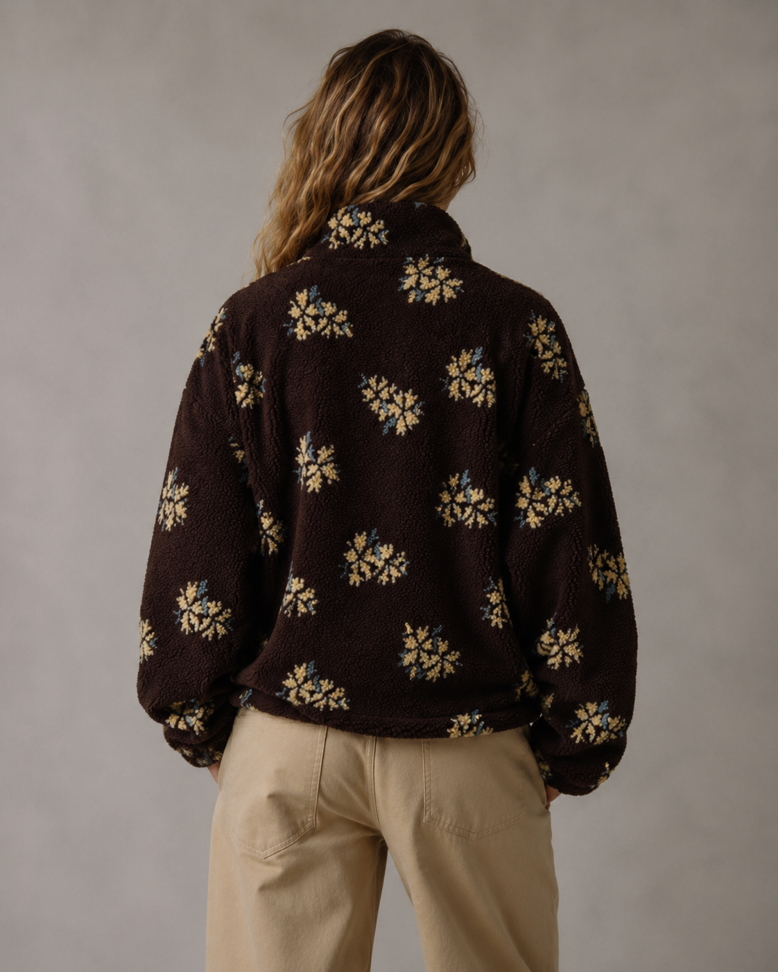 Floral Textured Funnel Neck Quarter Zip Sherpa Pullover 5